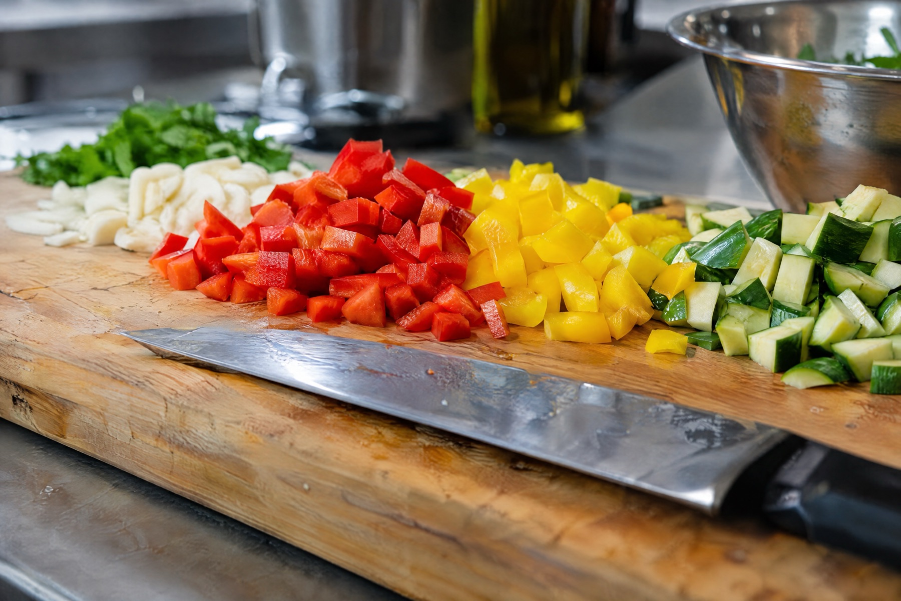 Diced red and yellow peppers, courgette and garlic on a chopping board beside a chef's knife