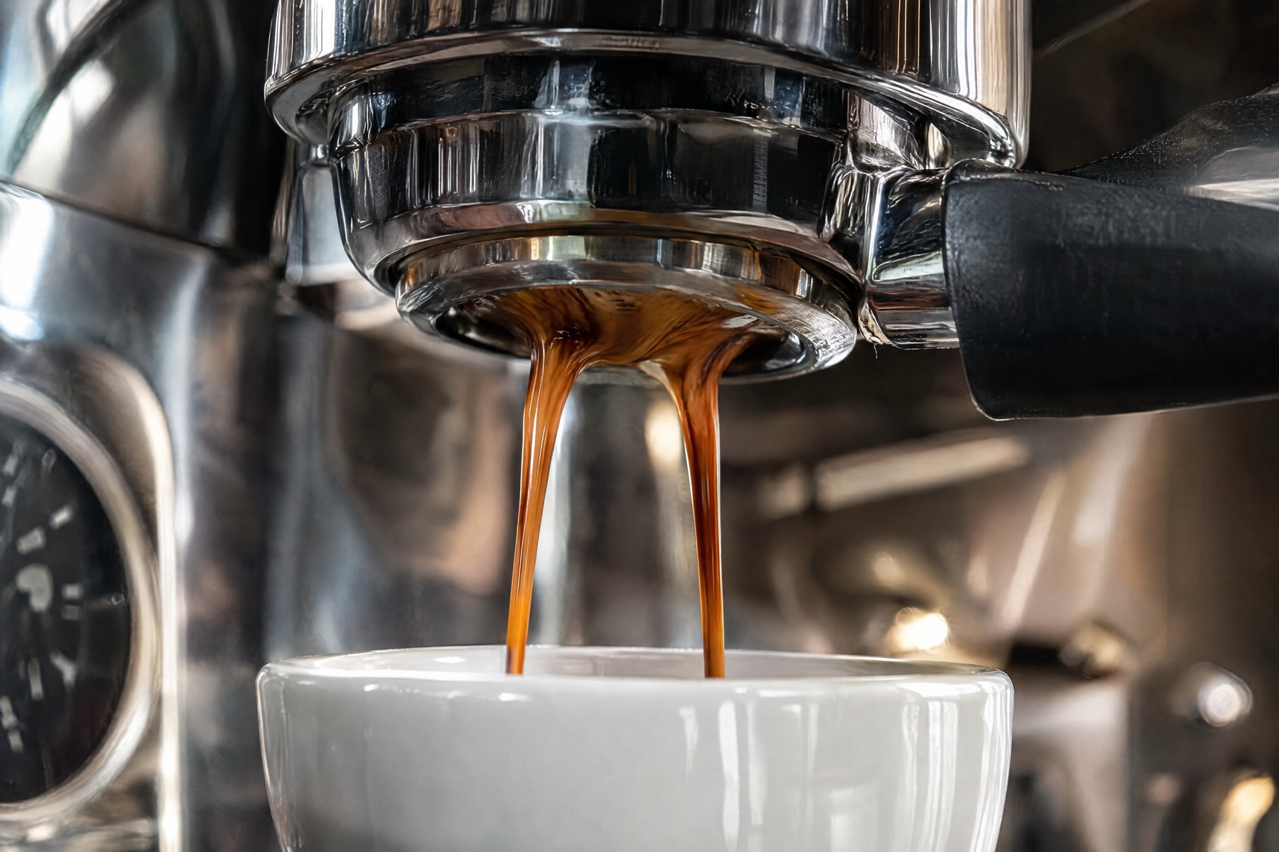 Two streams of espresso pouring from a chrome portafilter into a white cup