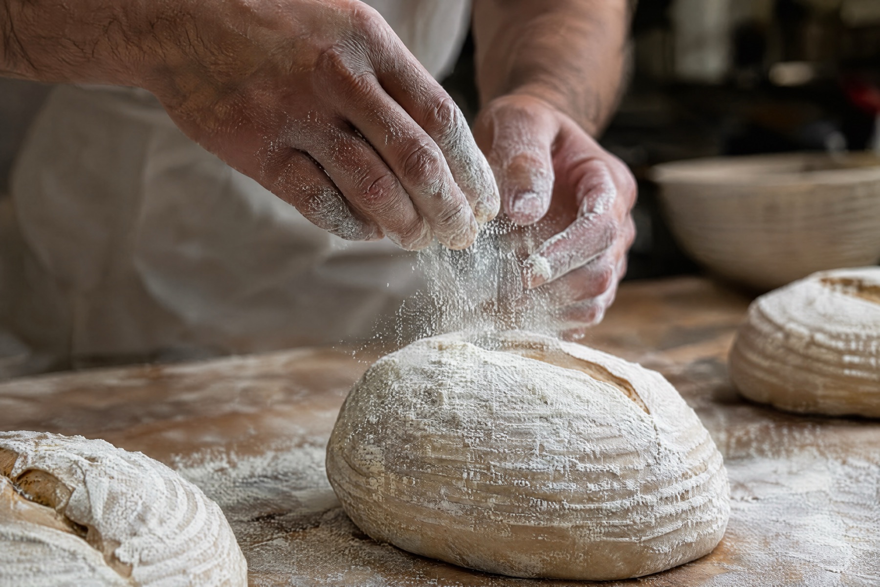 A baker's floury hands sprinkling flour over a round sourdough loaf on a wooden bench, with more loaves nearby