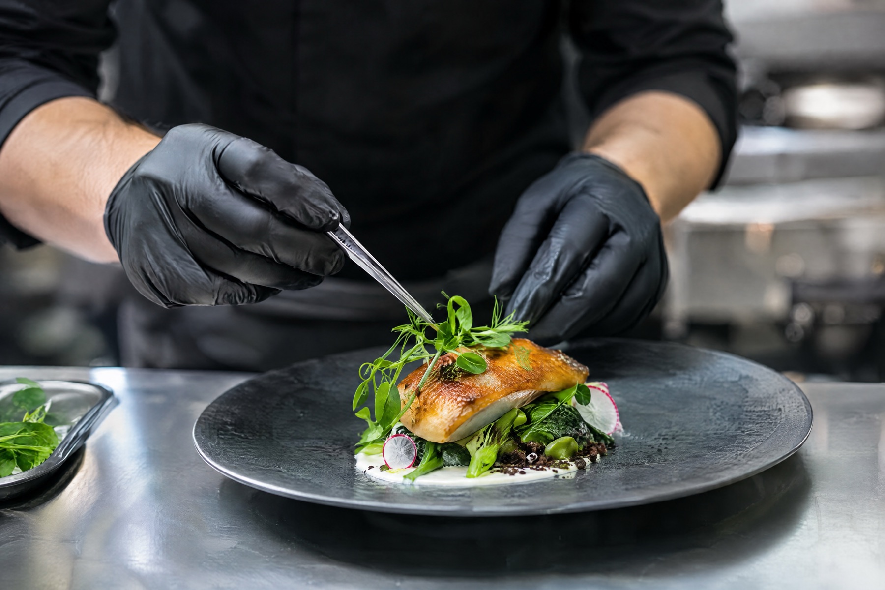 A cook in black gloves placing herbs with tweezers onto a seared fish fillet on a dark plate