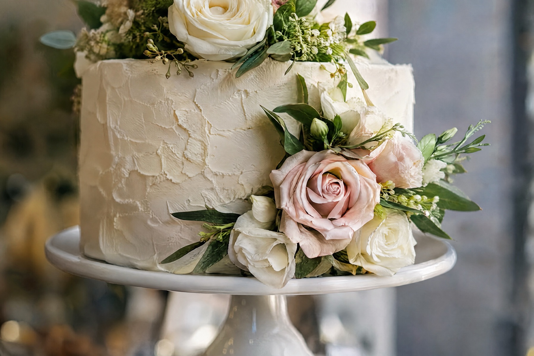 A single-tier white buttercream cake on a cake stand, topped and trimmed with pale pink and cream roses and greenery