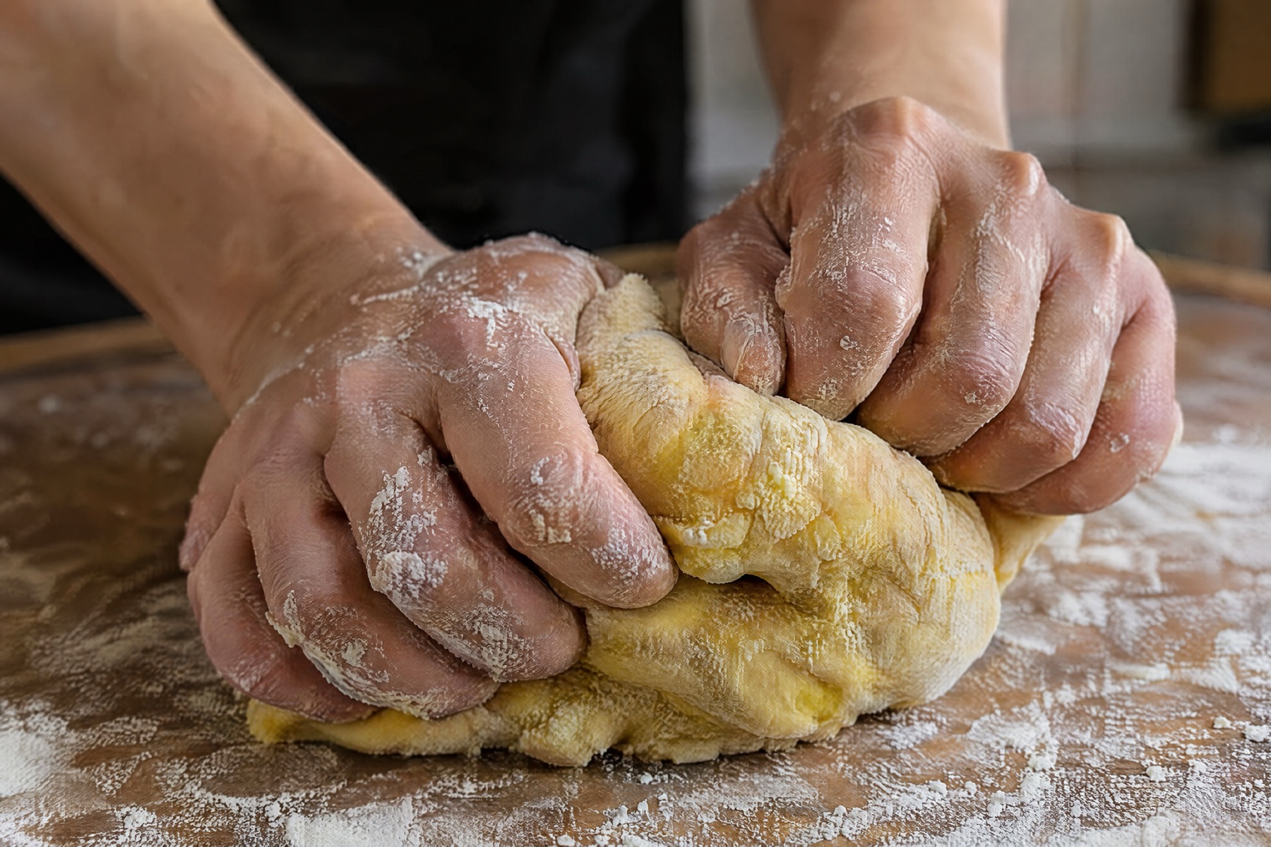Floured hands kneading a ball of golden egg pasta dough on a wooden board